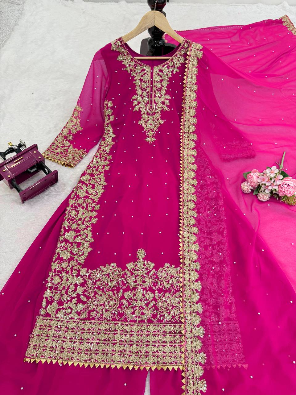 Fuchsia Embellished Long Kurta with Sharara and Dupatta