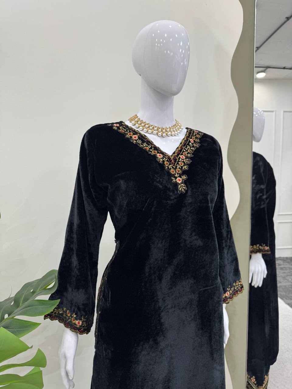 Black Velvet Embroidered Kurta Set