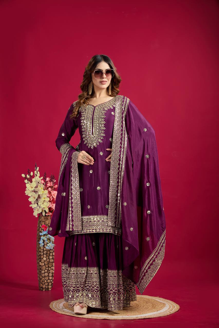 Deep purple heavy embroidered silk Anarkali set with matching dupatta