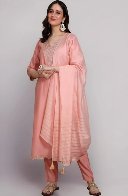 Peach Pink Embroidered Kurta Set with Dupatta